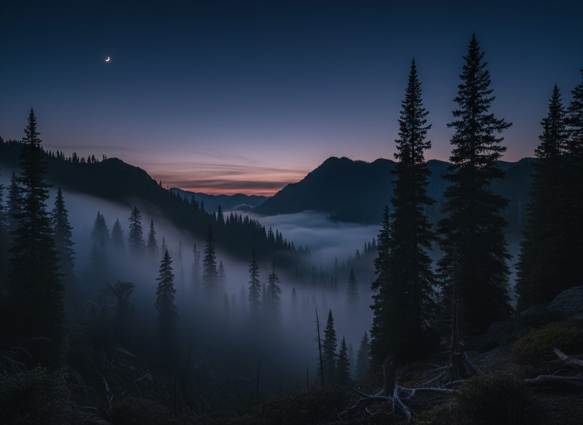 Misty pine forest and mountains at dusk