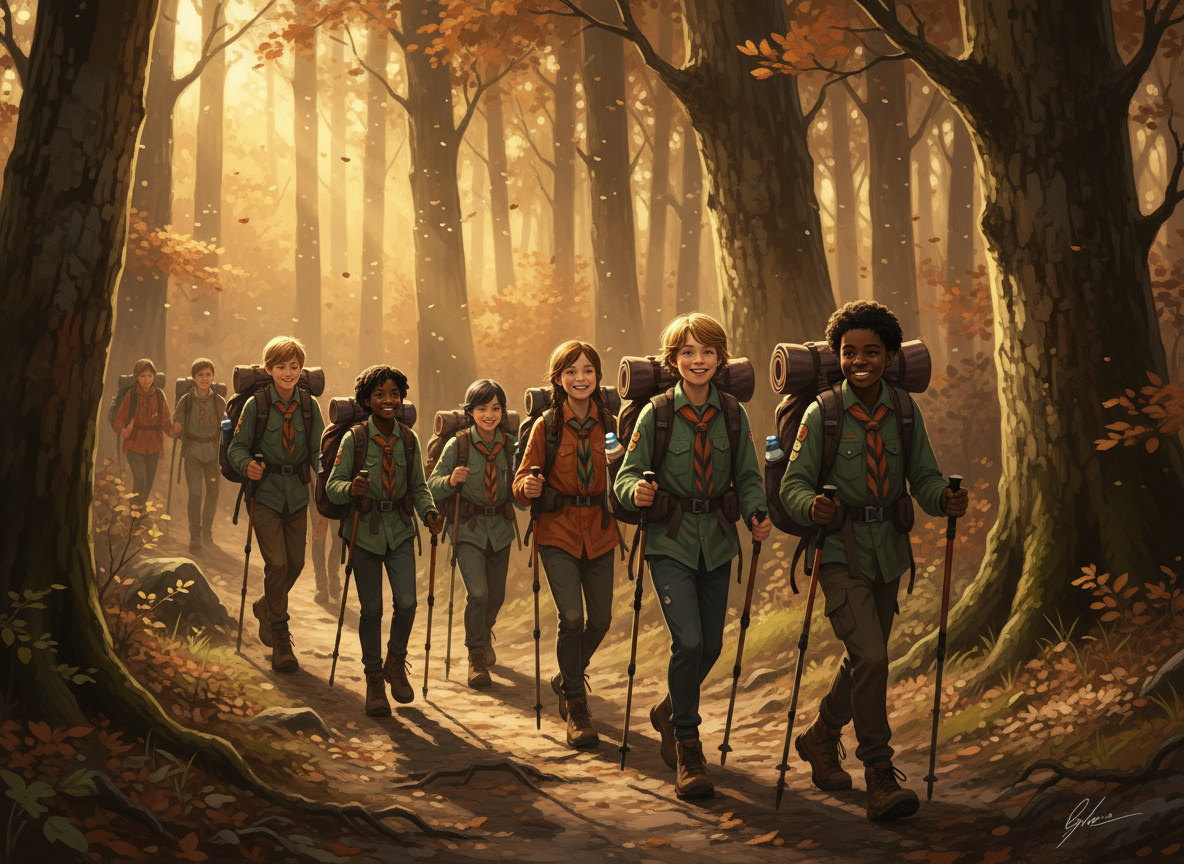 Young scouts hiking a forest trail